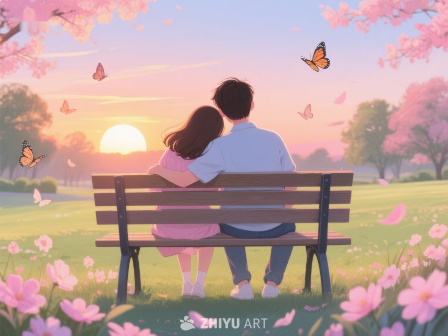 情侣公园长椅上共赏夕阳 506