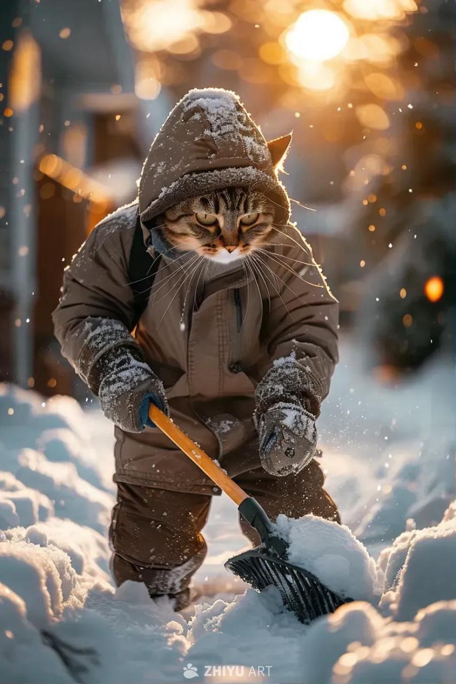 一只穿着雪地装备的拟人化猫科动物正在车道上认真地铲