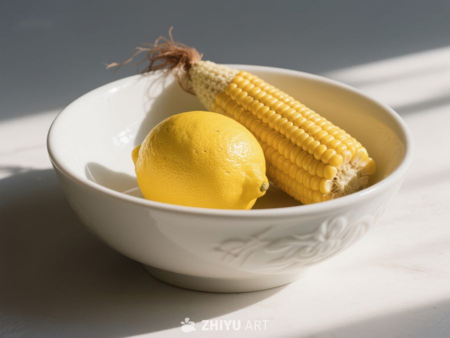 柠檬与玉米置于白色碗中 242