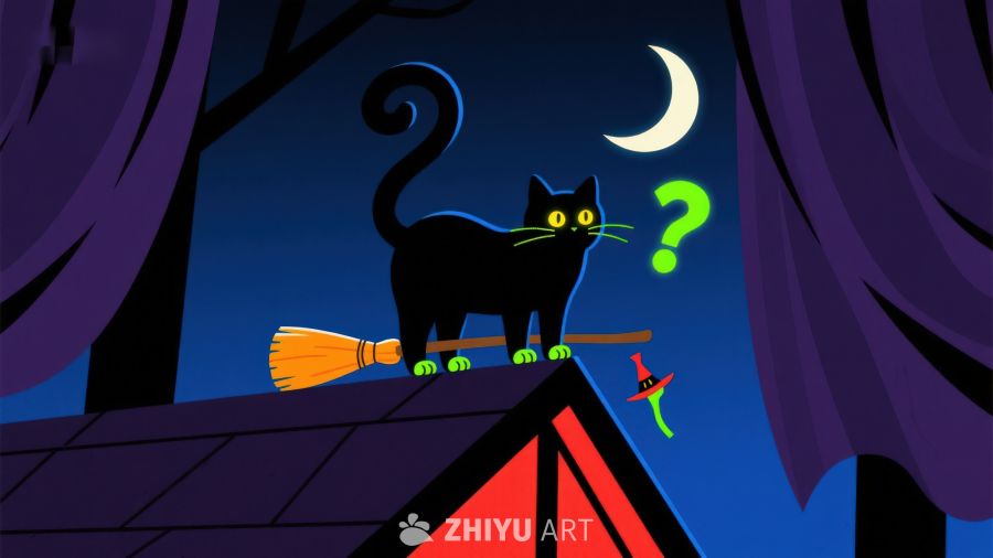 夜空下的黑猫与扫帚