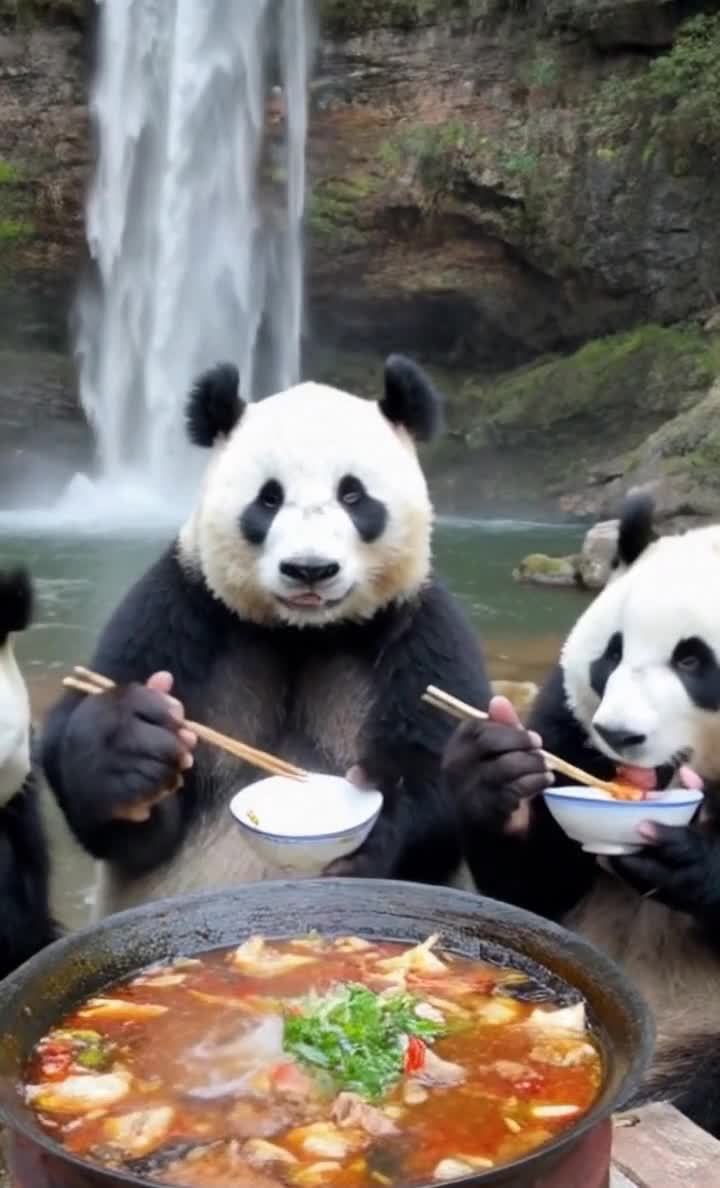 熊猫们在瀑布前围着火锅享用美食