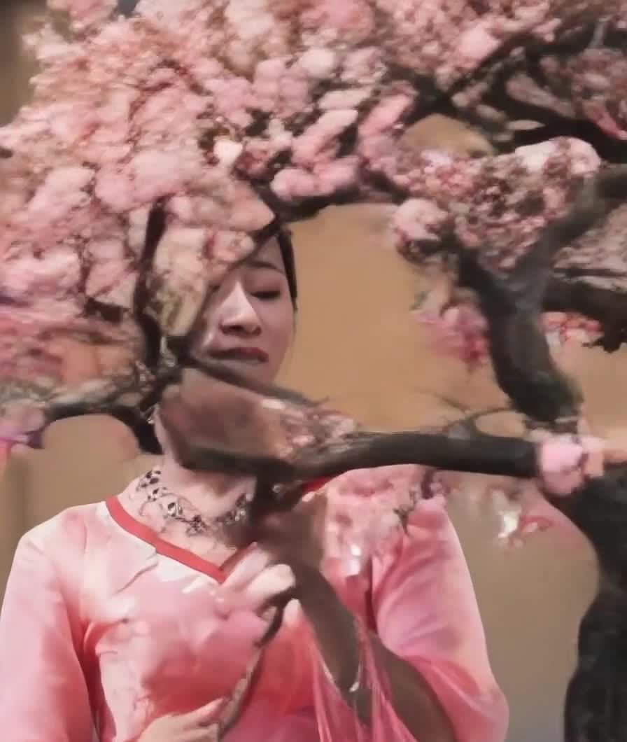 一位女性穿着粉色上衣，戴着华丽的头饰和项链，手持一