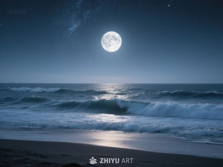 月光下的海浪轻拍沙滩 567