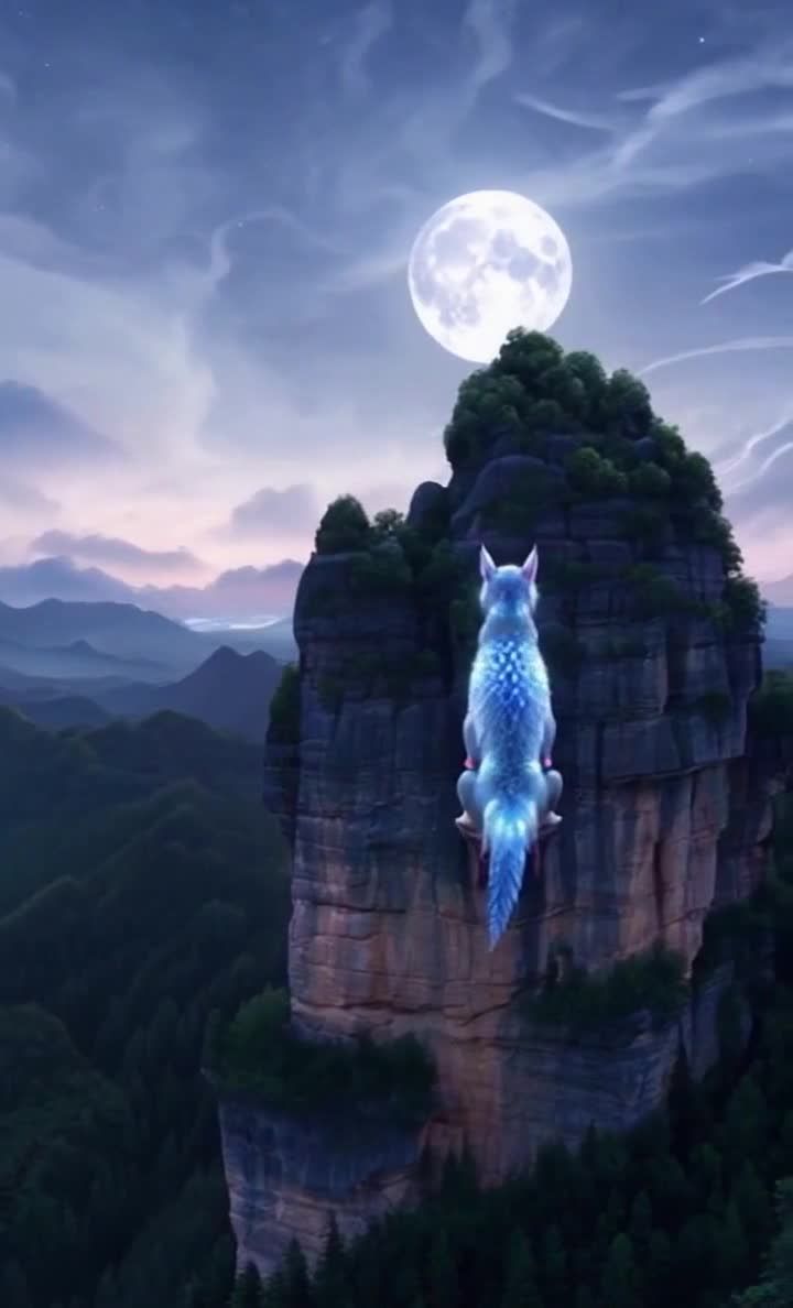 一只迷幻的九尾水晶狐狸坐在一座悬崖上，悬崖边缘生长