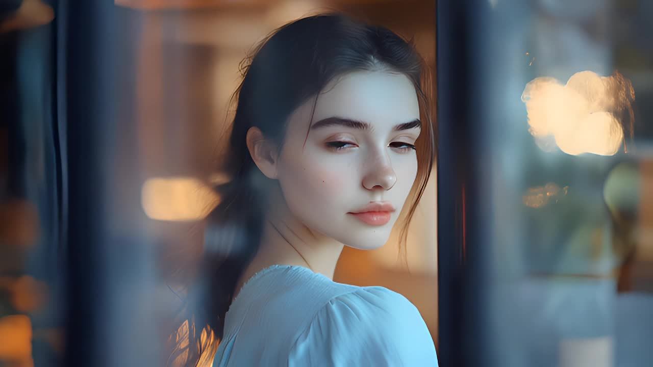 一位身穿浅蓝色上衣的年轻女子，她的脸颊红润，脸上带