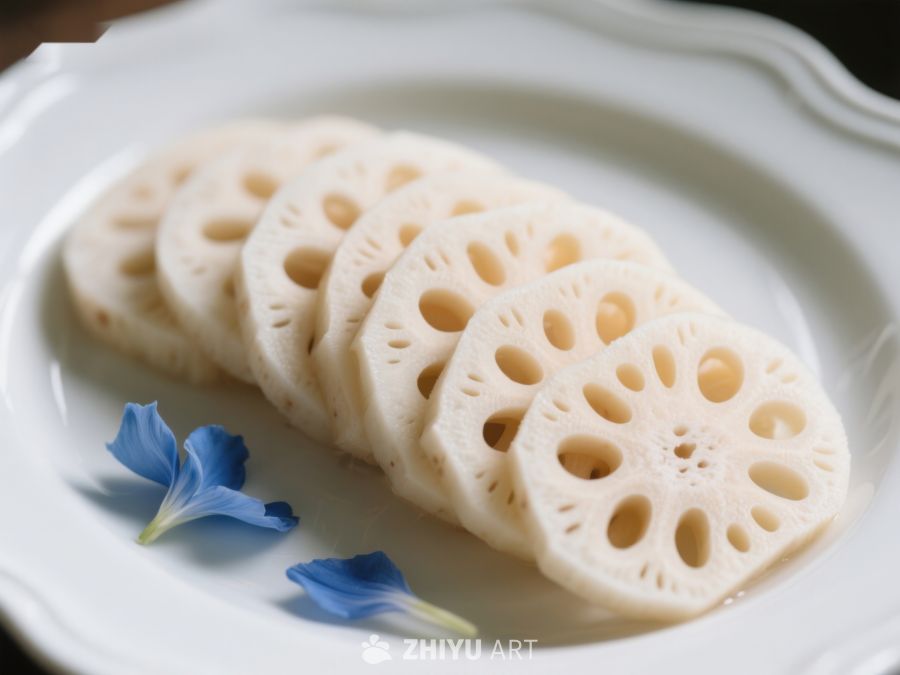 莲藕切片与蓝色小花的清新摆盘 245