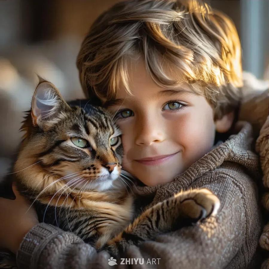 一个男孩抱着一只猫。猫在前景中，男孩穿着棕色毛衣。