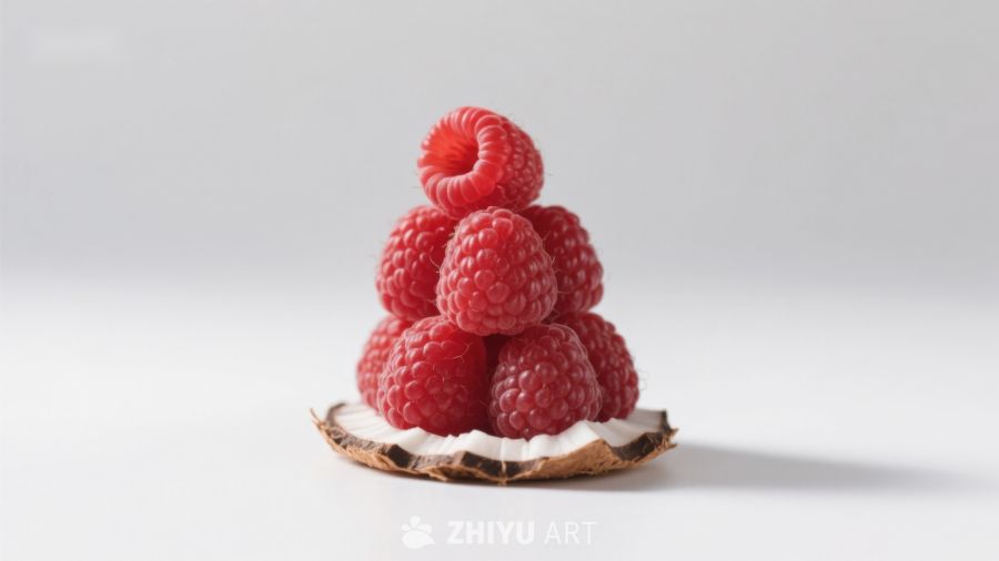 新鲜覆盆子堆叠在椰壳上的特写