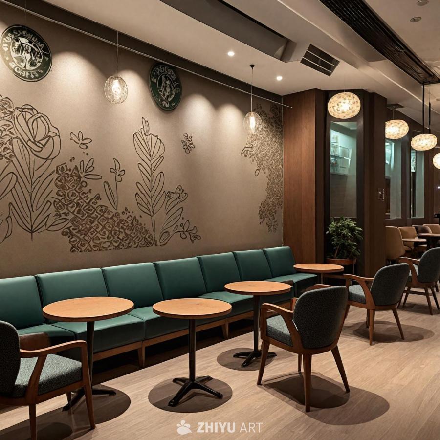 一间咖啡厅的室内场景，墙壁上装饰着壁纸，房间内摆放