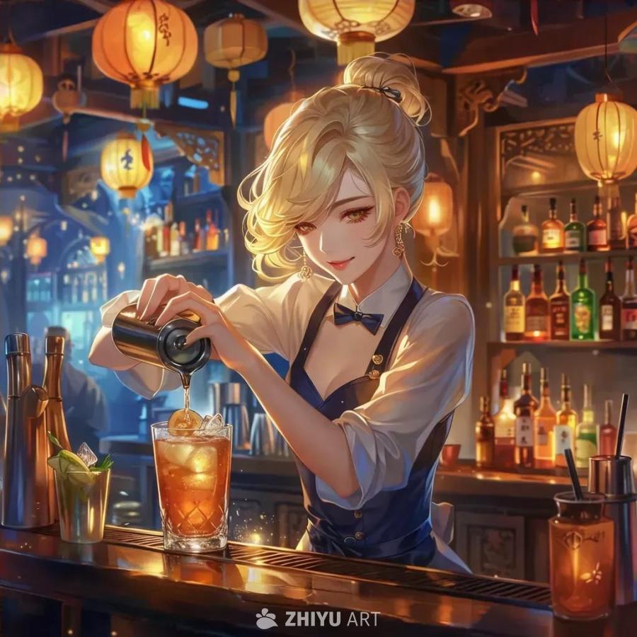 动画风格场景中，一位年轻的亚裔女性担任酒保，她有着