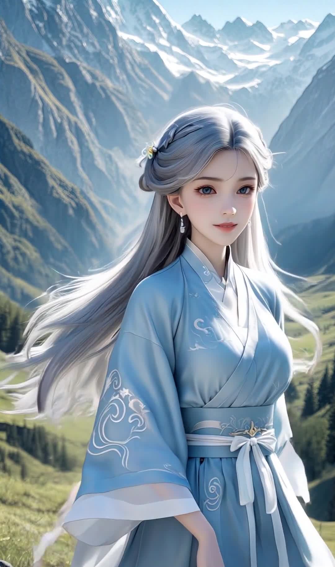 一个年轻女子站在山间。她穿着一件浅蓝色的长袍，长袍