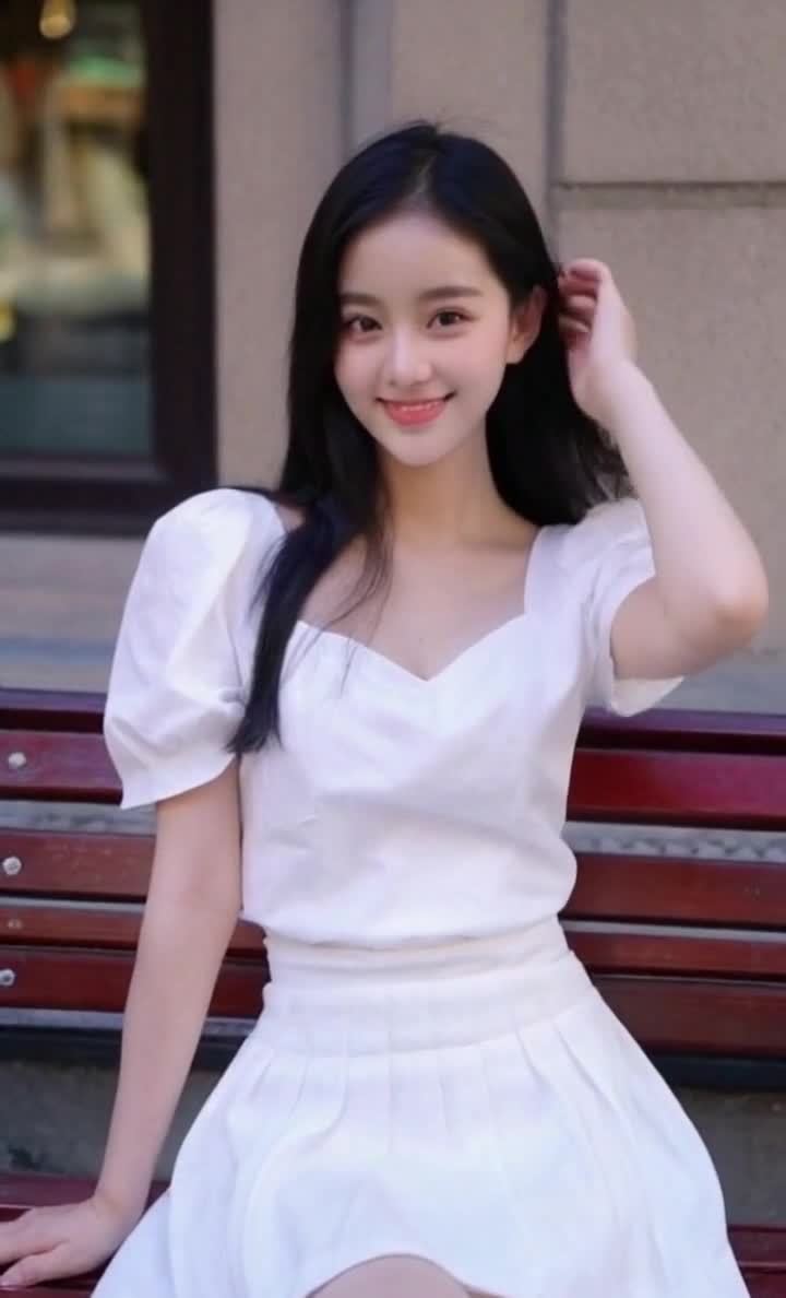 长发白裙女子街边微笑拨发