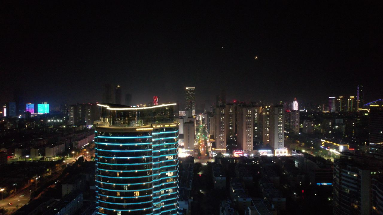 山东日照城市夜景灯光航拍  