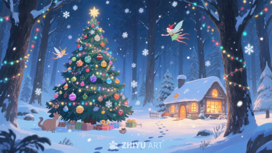 冬夜森林中的圣诞树与小屋 60