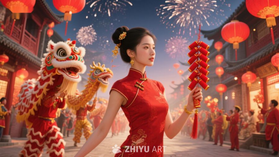 女子手持鞭炮，舞龙庆祝节日 715