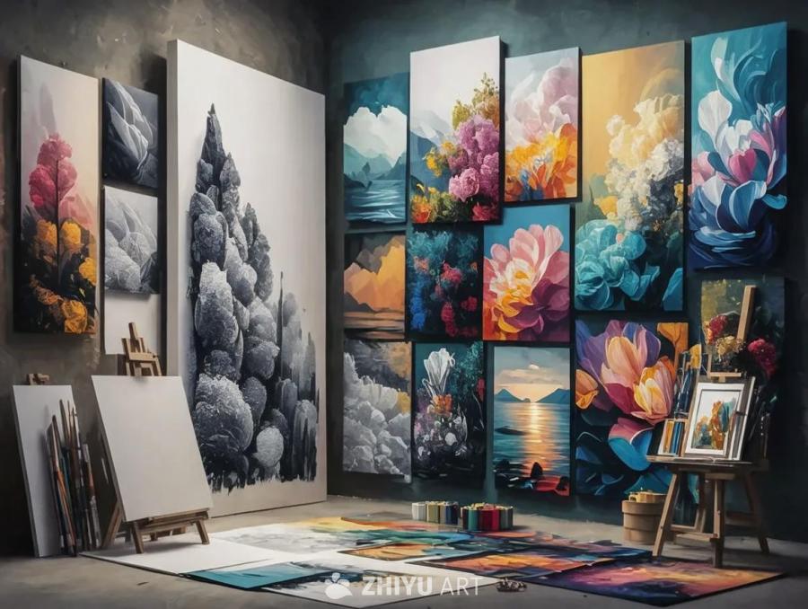 一间画室，墙面上挂着多幅未着色的画作。这些画作题材