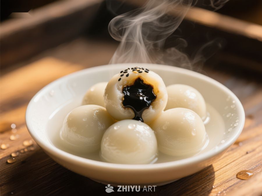 热腾腾的汤圆，甜蜜黑芝麻馅
