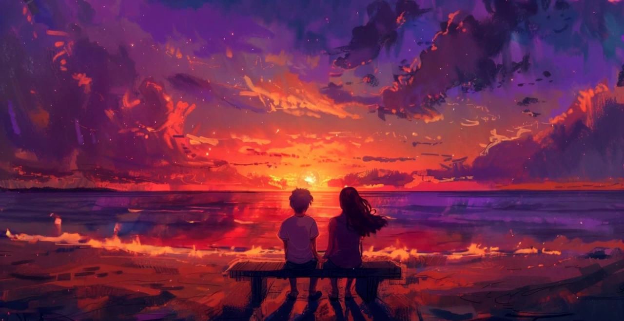一对情侣并排坐在木制长椅上，两人面向落日。海浪轻轻