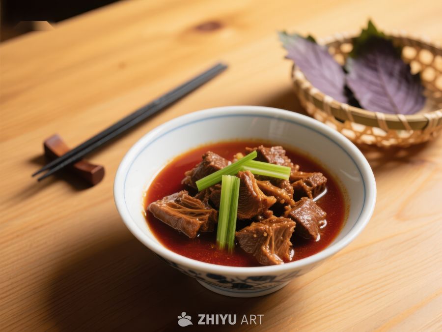 红烧牛肉配青葱的美味碗装料理 38
