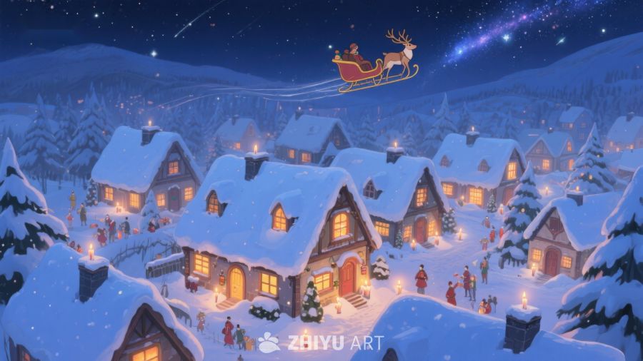 圣诞夜雪村上空的驯鹿雪橇 232