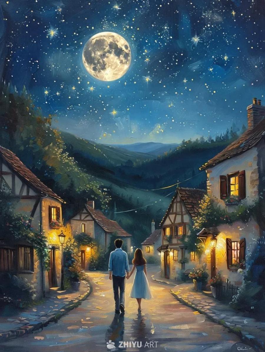 夜空高悬着一轮明月，繁星点点。一对男女手牵着手走在