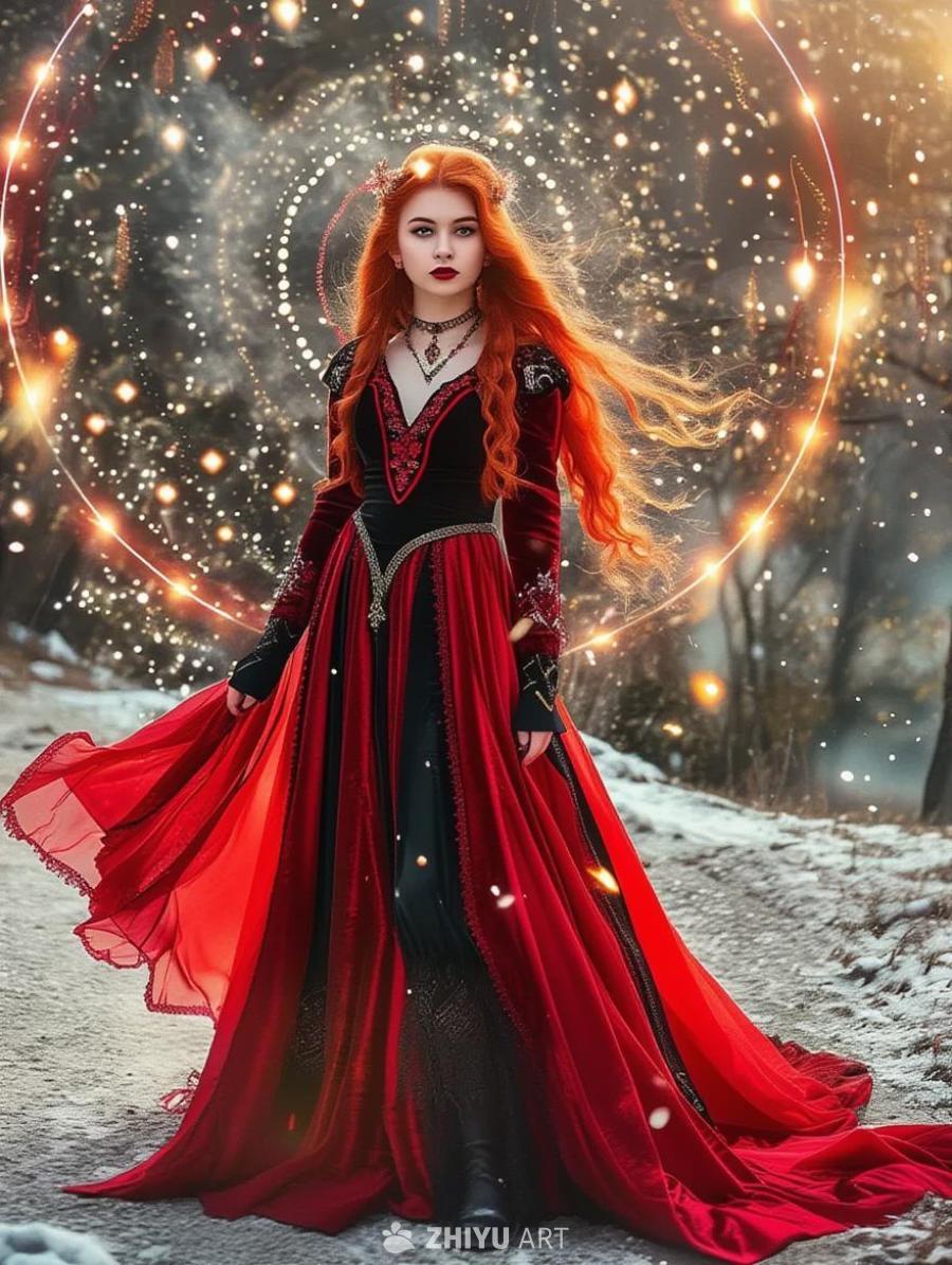一位红发卷发的女孩，身穿黑色和红色的衣服，佩戴着项