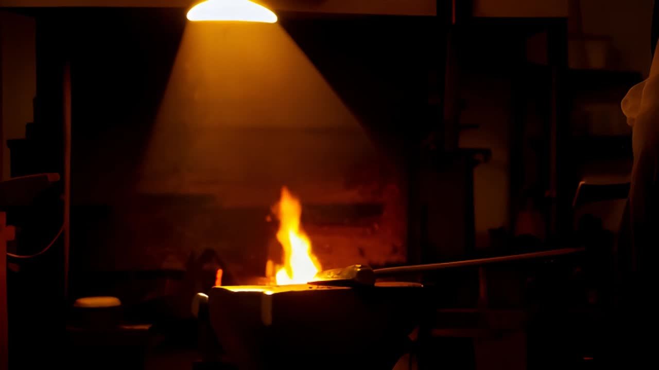 一个锻造车间，一个炽热的锻炉发出明亮的光芒。锤子向