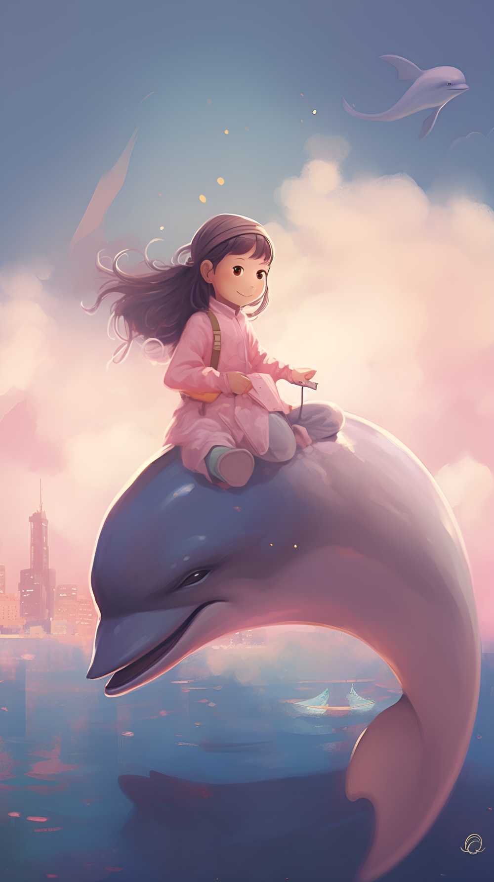 一个女孩和一只乳白色的海豚在天空中
