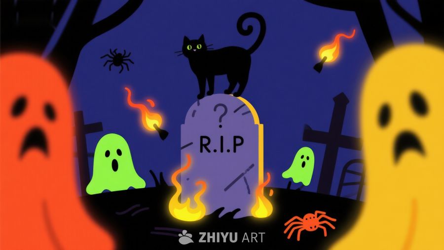 万圣节墓地幽灵与黑猫