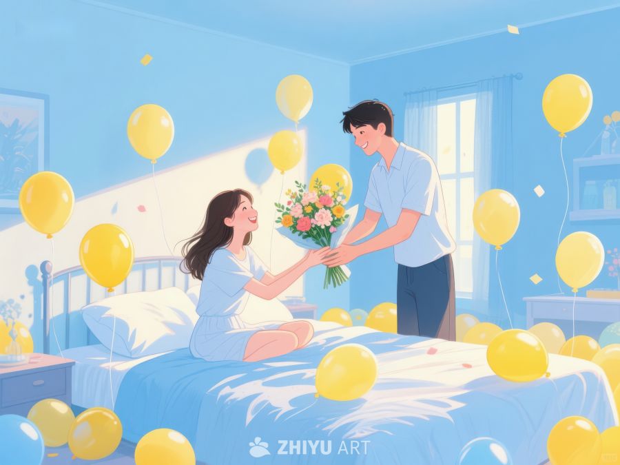 温馨卧室中情侣互赠花束 848