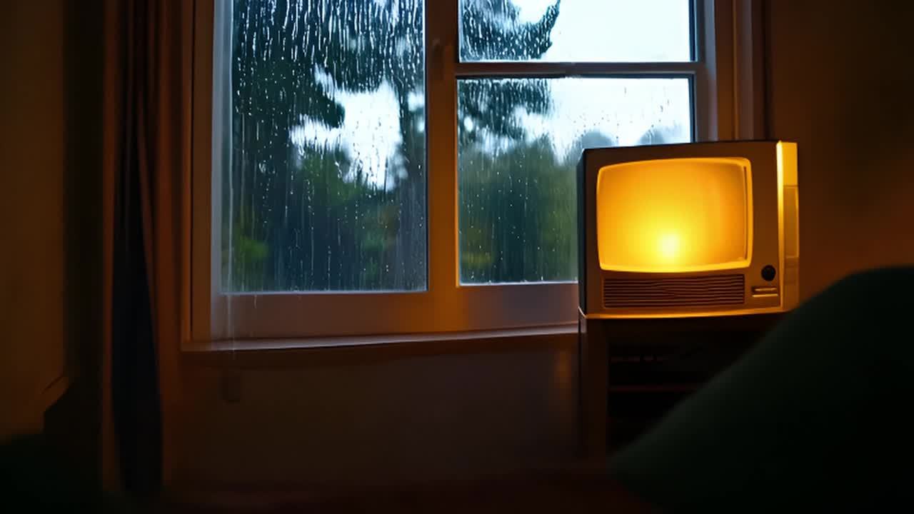 房间内，一扇窗户正对着外面，窗外正在下雨，雨水打在