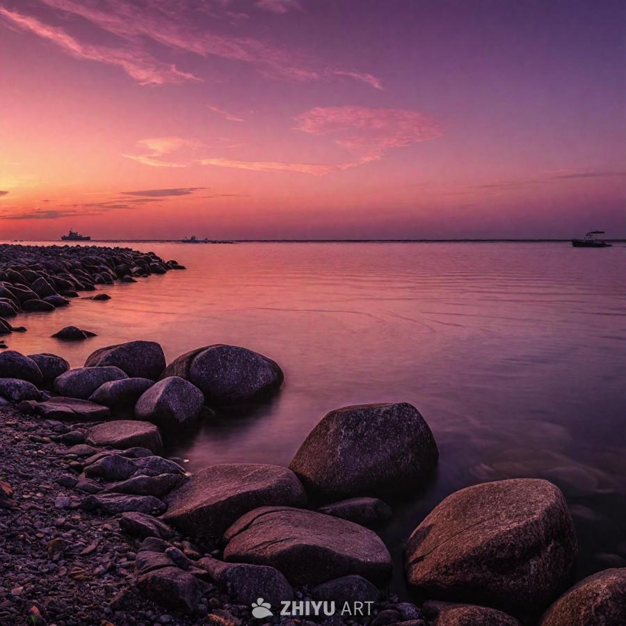 日落时分的宁静海滩景象，天空呈现出美丽的粉红色和紫