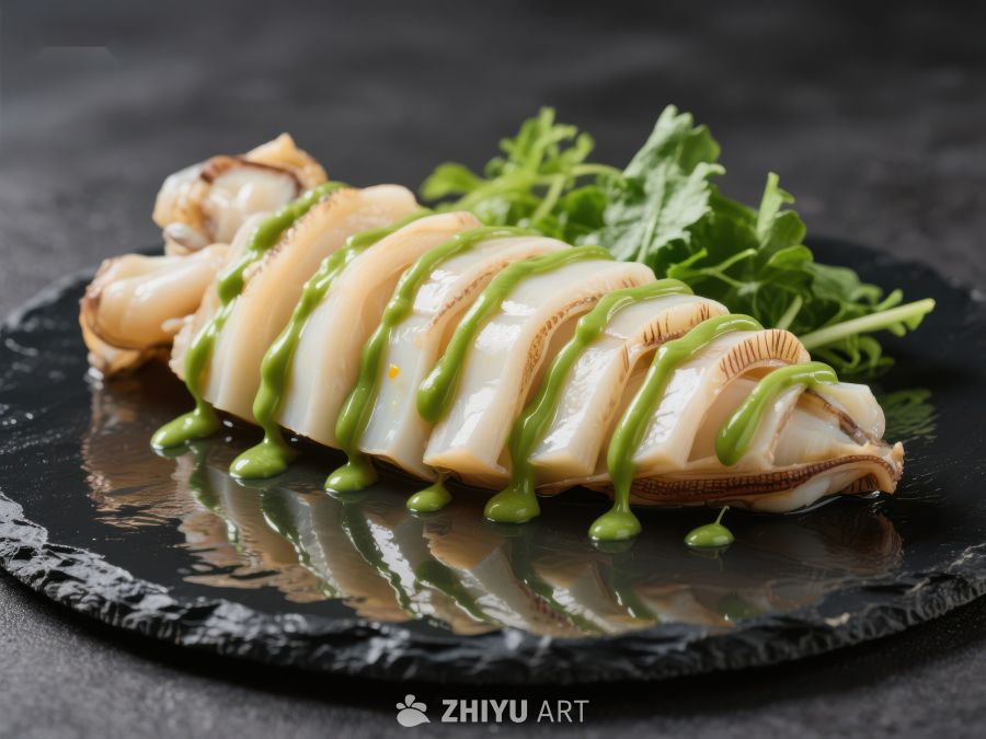 鱿鱼切片配青酱与绿叶装饰 1758