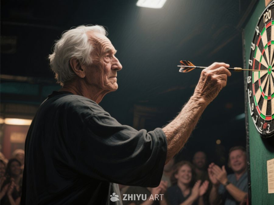 老人专注投掷飞镖，观众热烈鼓掌 583