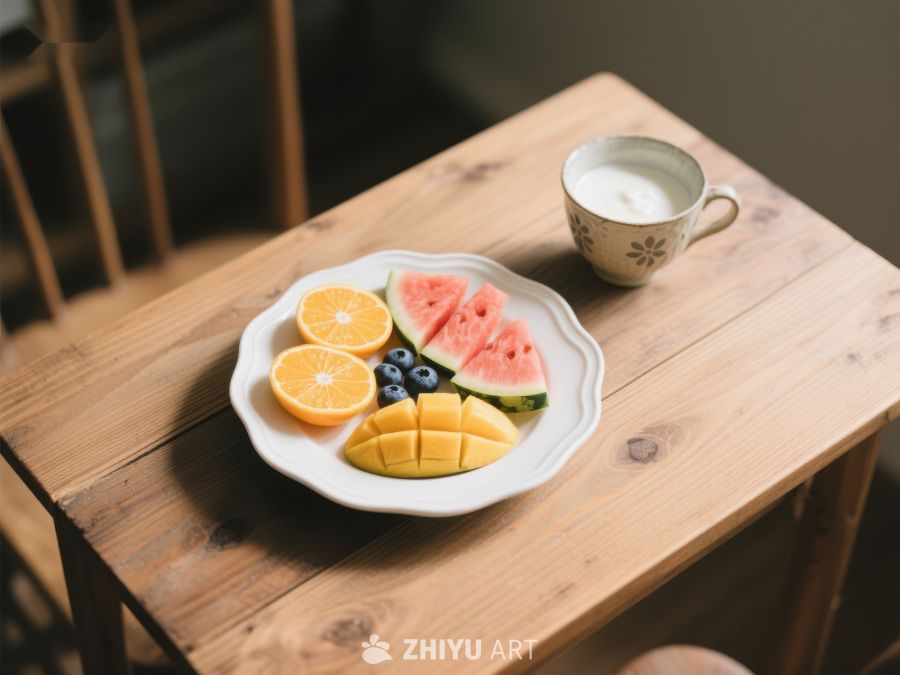 木桌上的水果拼盘与咖啡杯 426