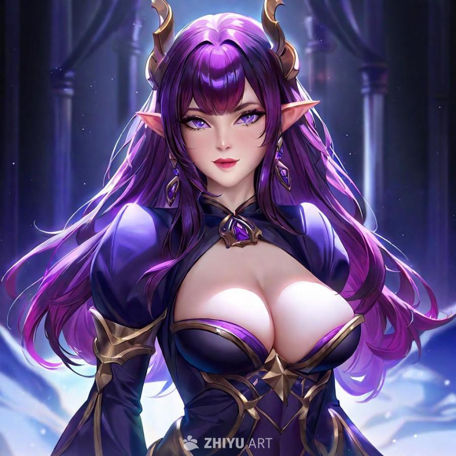 一个拥有紫色眼睛和紫色头发的女性，头上长着金色的角