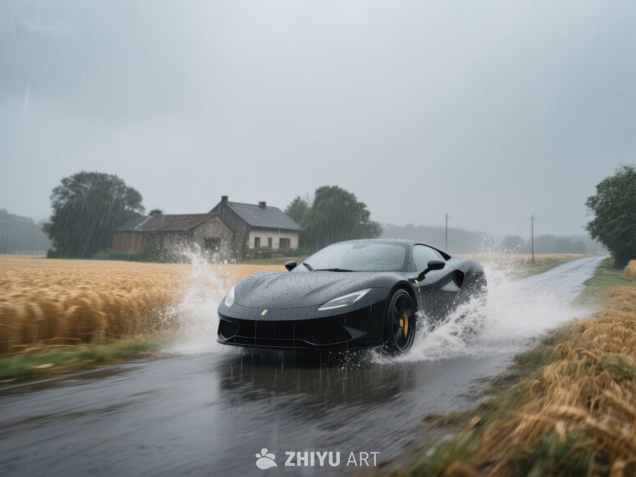 黑色跑车雨中疾驰溅起水花 99