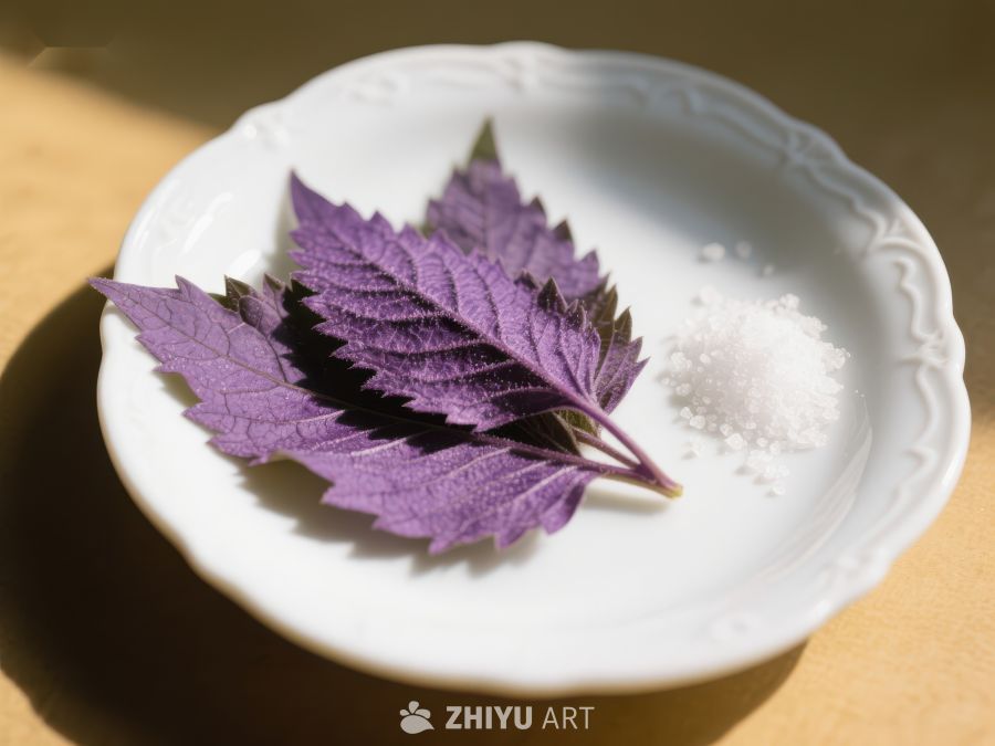 紫苏叶与盐粒置于白碟 577