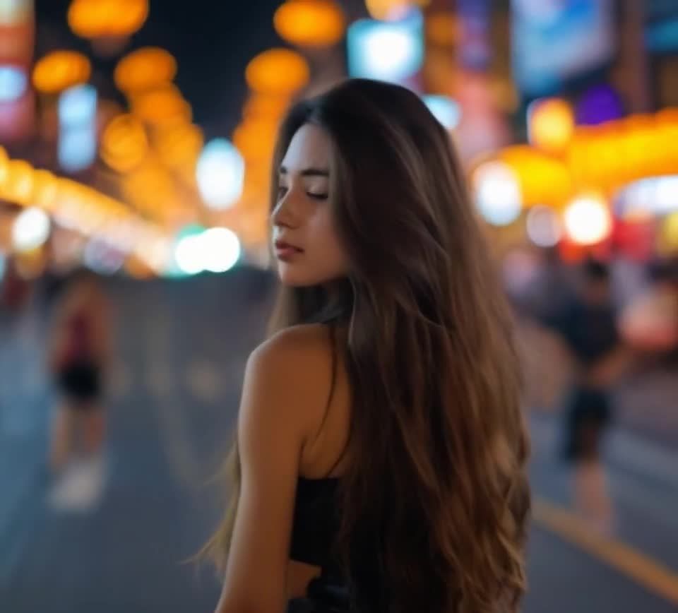 棕发女子夜间街头回眸一笑
