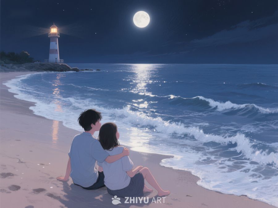 月下海滩，情侣相拥 1121