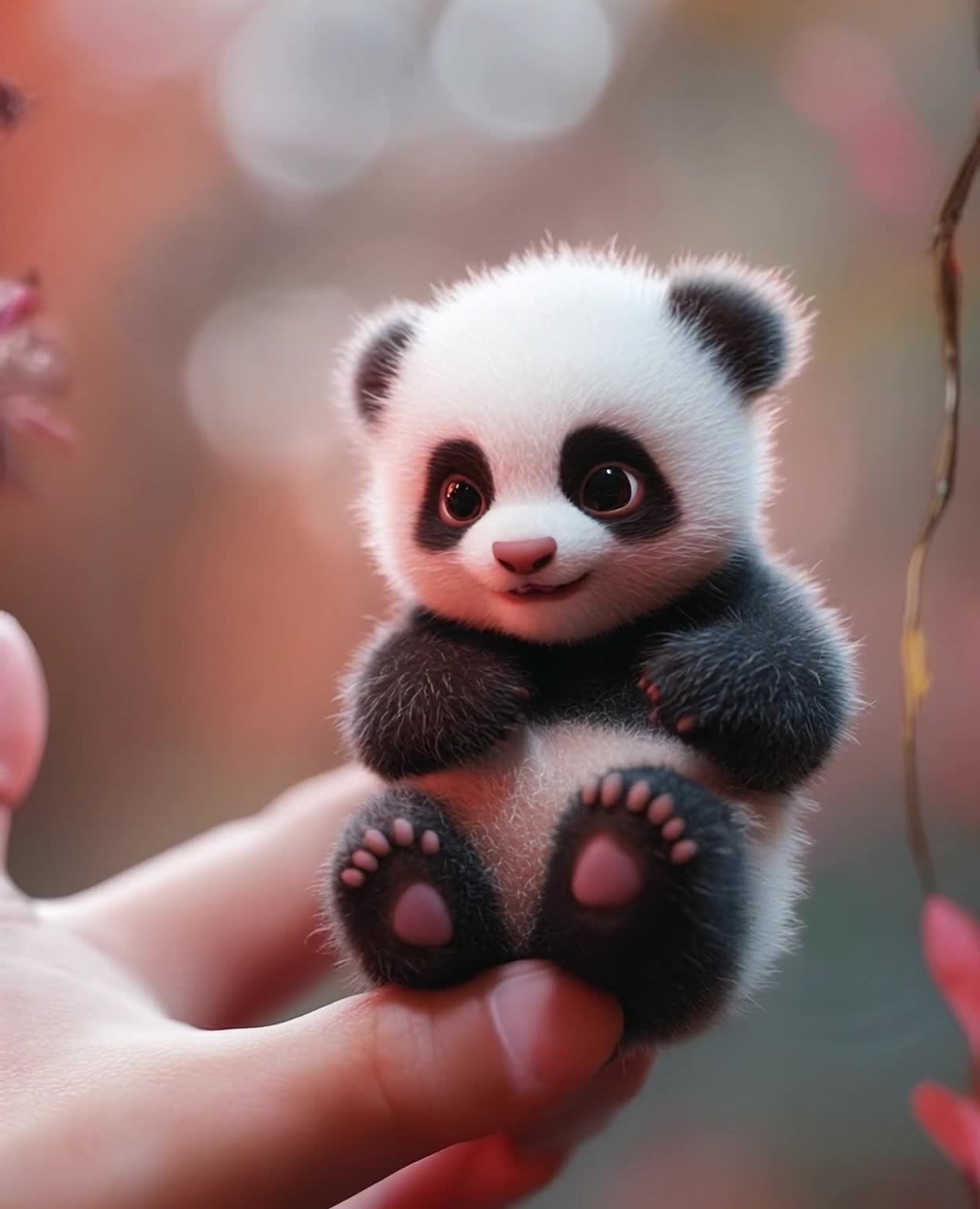 一只毛茸茸的熊猫幼崽，有着黑白相间的毛发，它坐在一