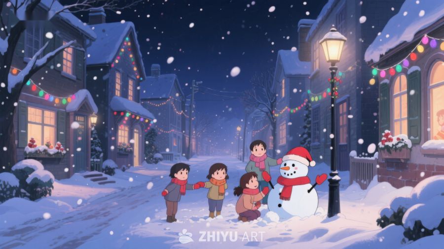 冬夜雪景中孩子们与雪人 120