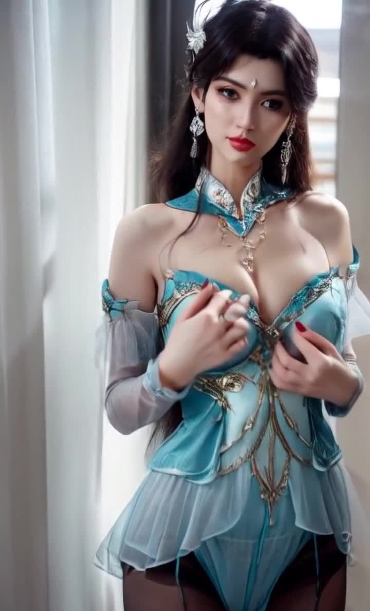 古典美人着蓝色古装，倚门而立，姿态优雅动人。