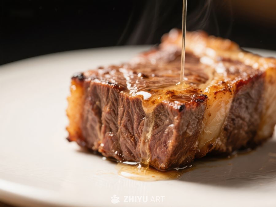 热腾腾的牛排淋上酱汁
