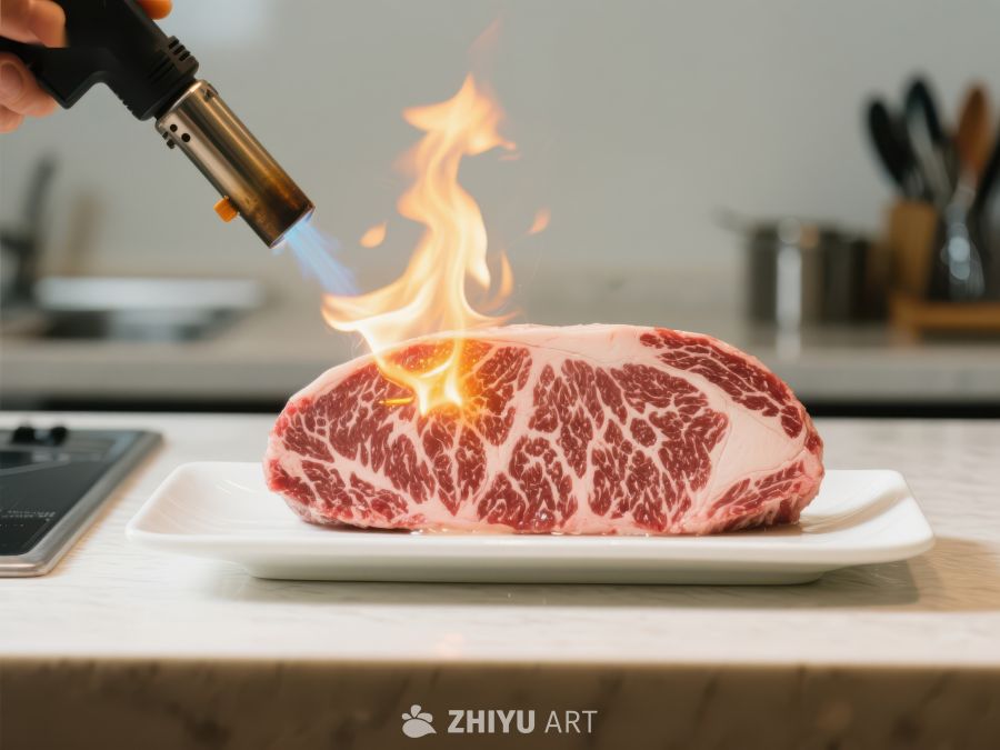 火焰炙烤牛肉，厨房烹饪瞬间