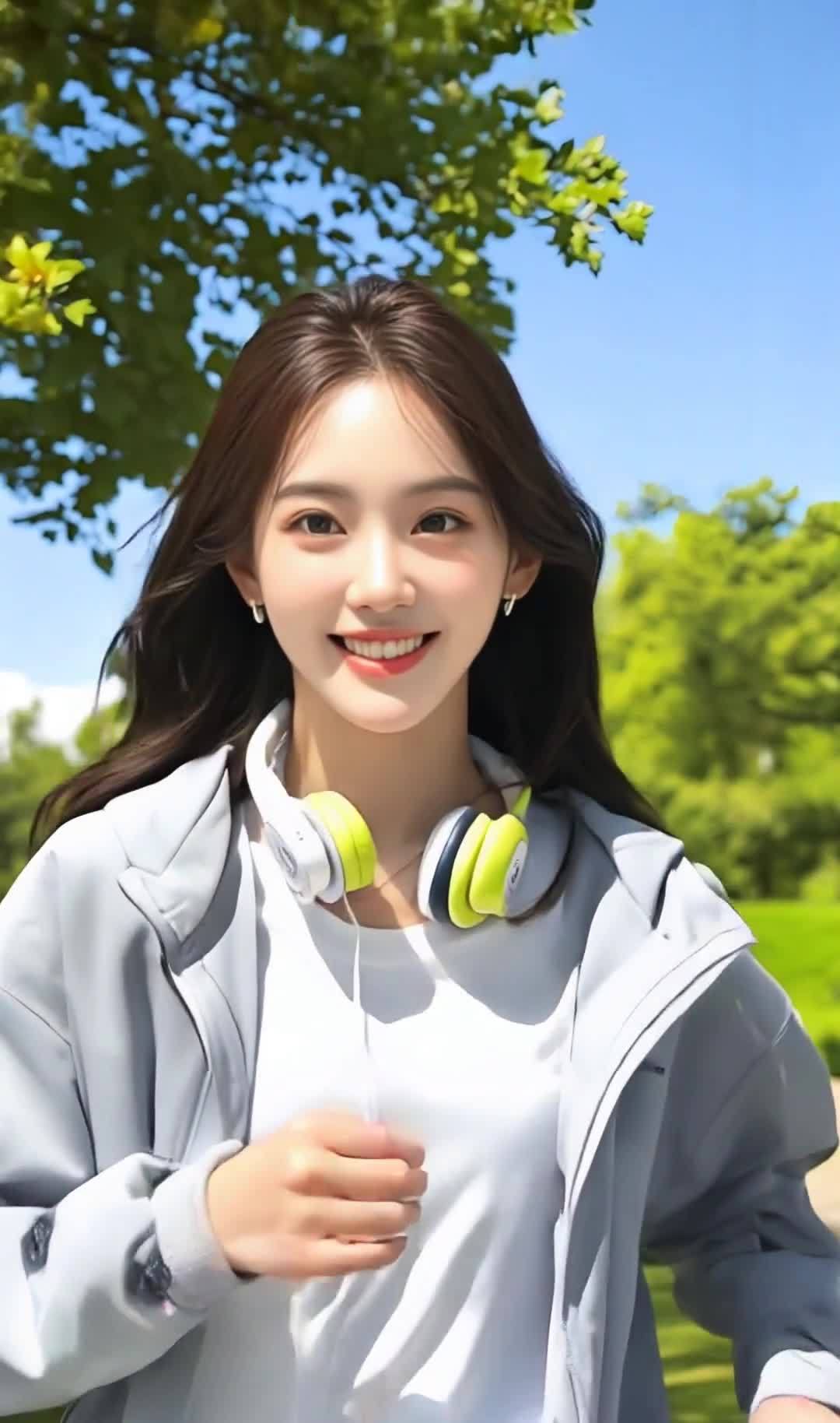 公园韩系美女戴耳机跑步，笑容灿烂，蓝天绿树。