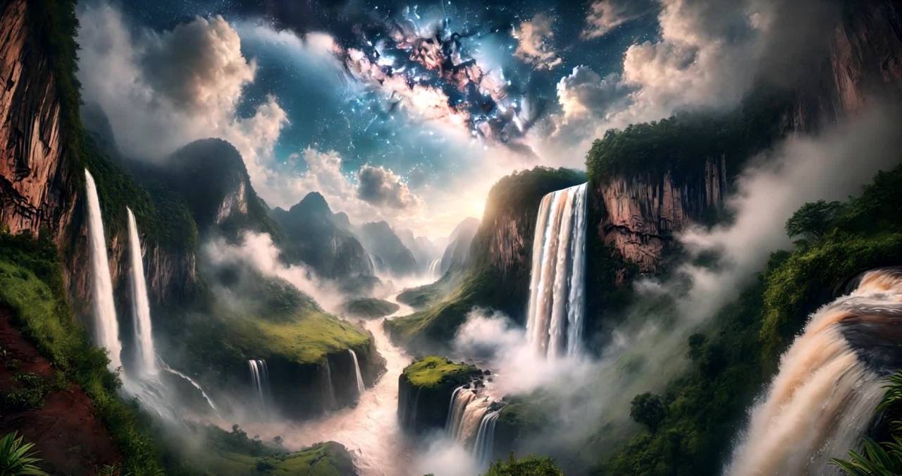 画面中，群山环绕，瀑布从高耸的悬崖倾泻而下。水流湍