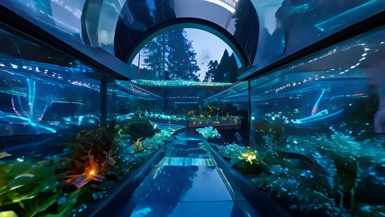 水下隧道状结构内部，两侧种植着各种发光植物，散发着