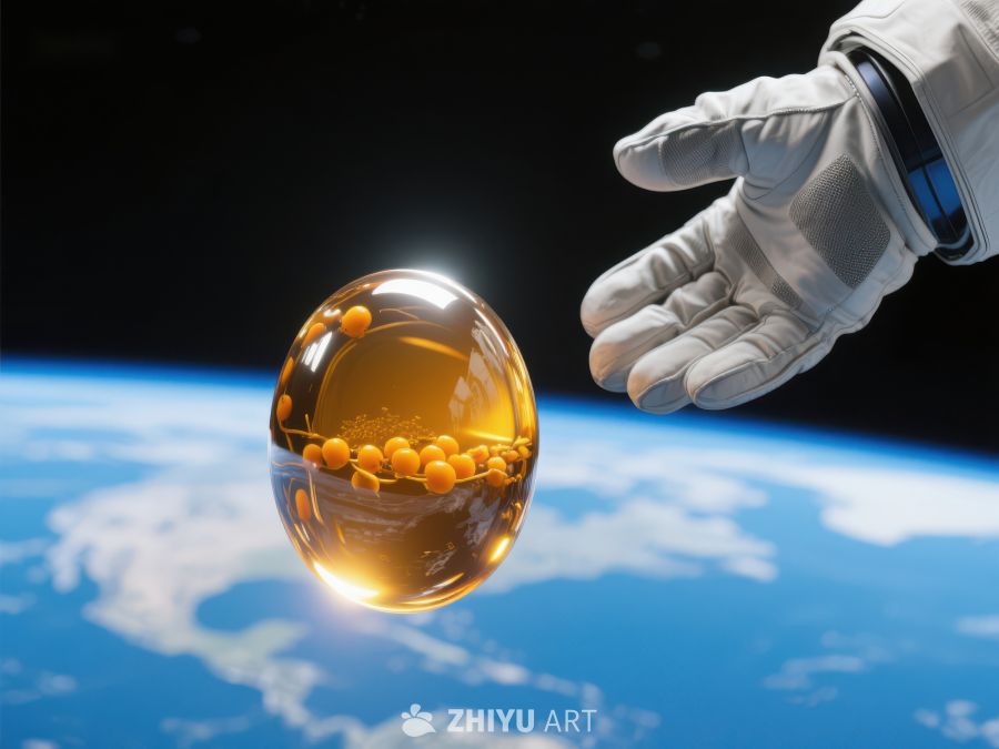 宇航员手触金色液滴，地球背景 827