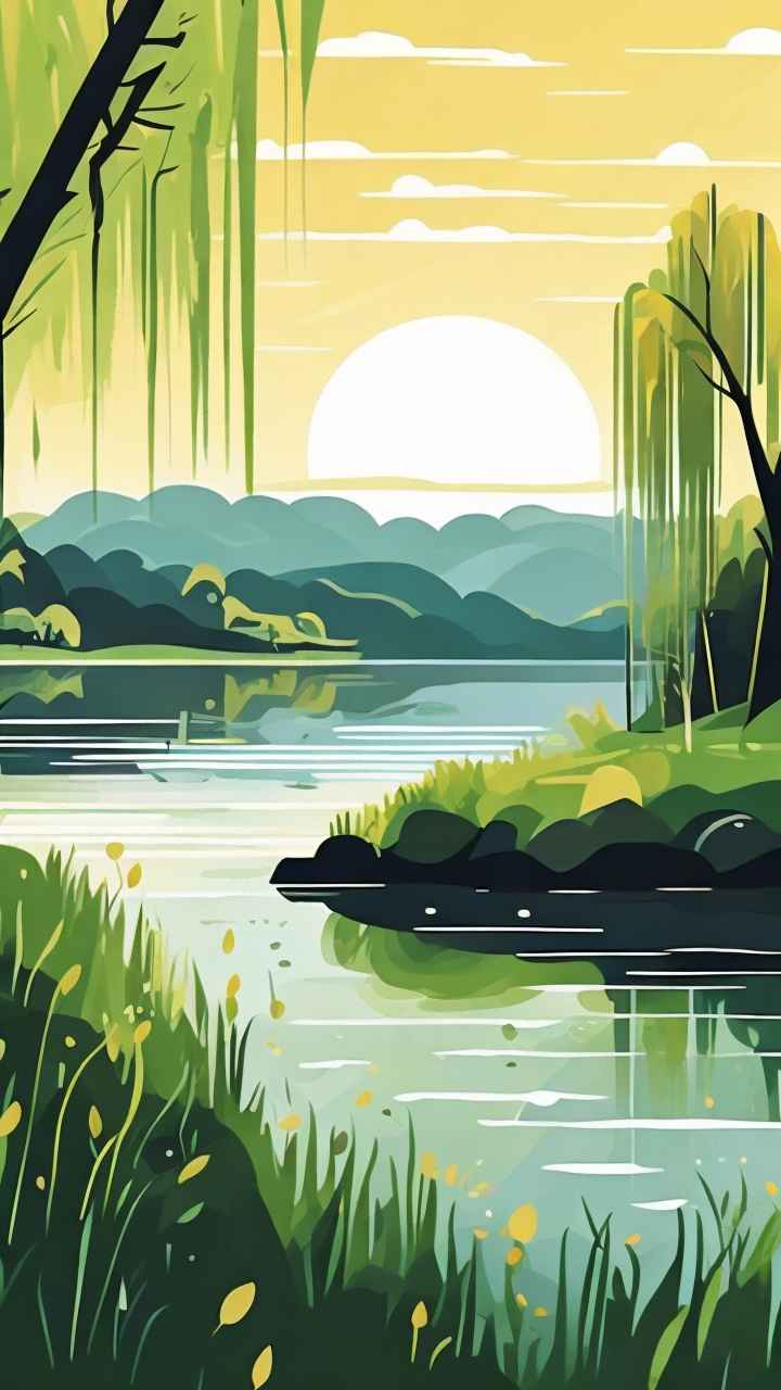 河边柳树插画风景图 22
